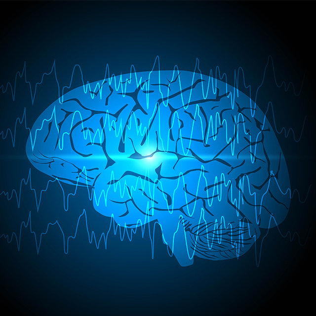 an illustration of a blue brain on a black background with EEG readings running over image